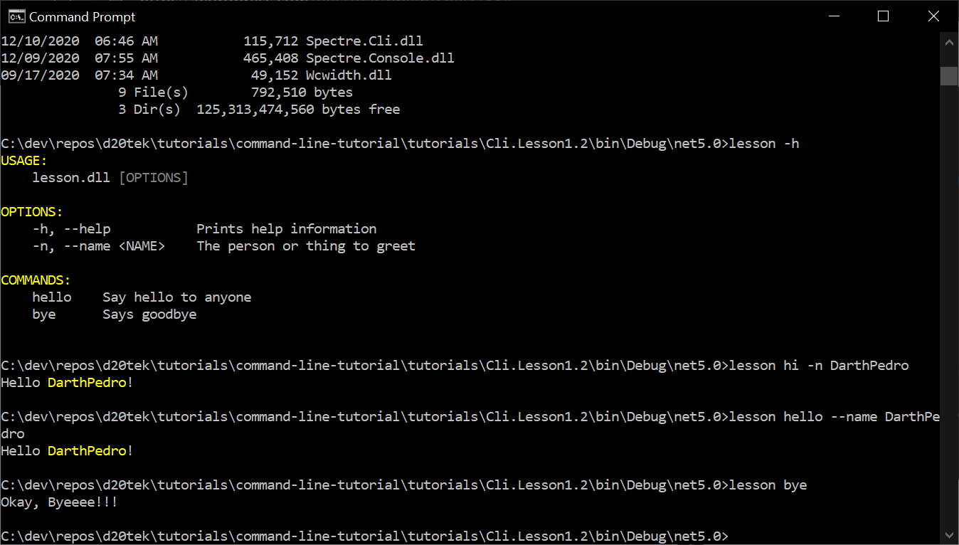 Output with ByeCommand